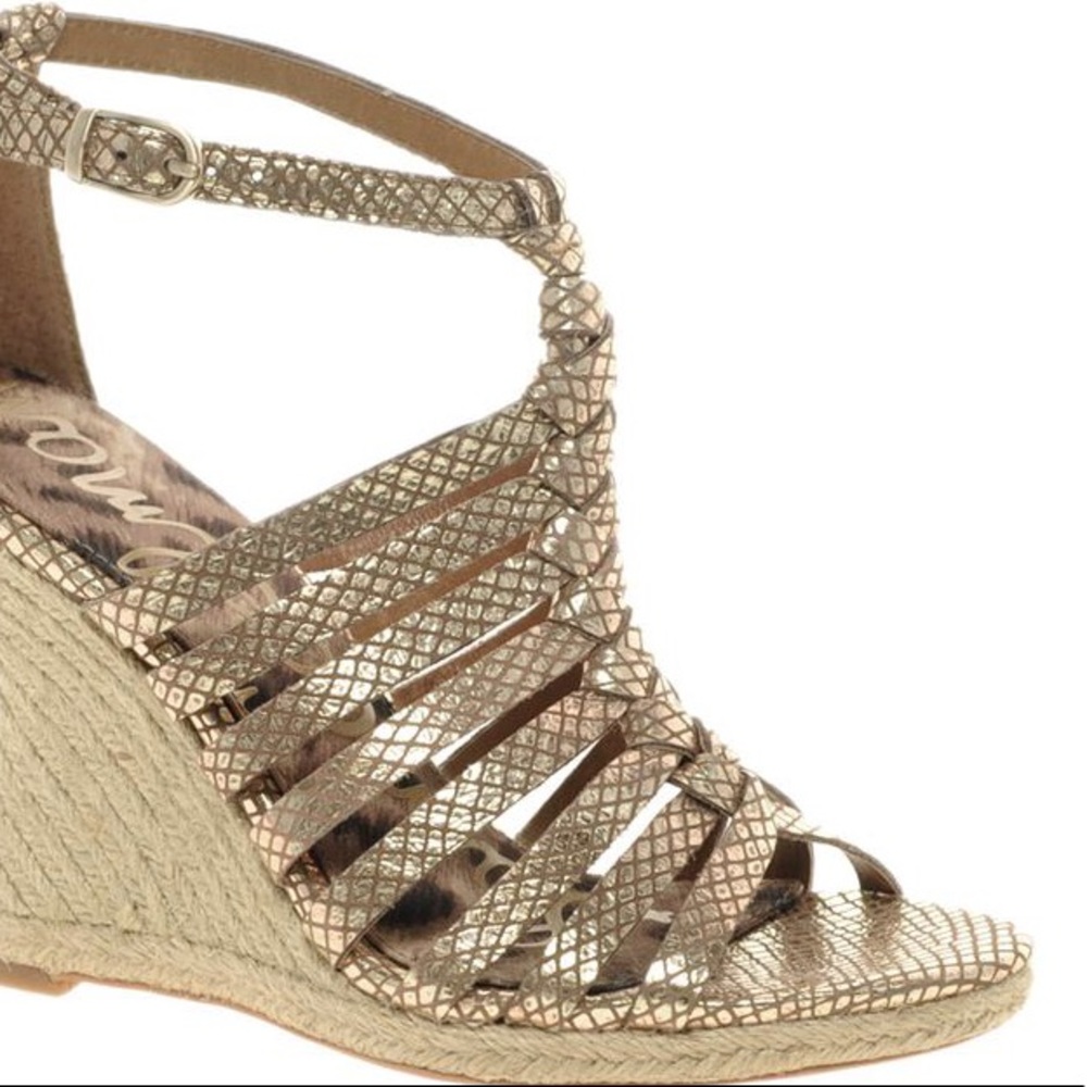 Sam Edelman Gold Metallic Leather Snake Print Woven Wedge Size 7‎ 1/2